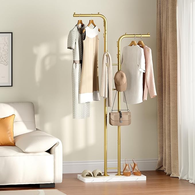 YATINEY Gold Coat Hanger Stand, Floor Standing Coat Rack, Entryway Coat Tree with 8 Hooks and Marble-Look Base, Modern Double-Pole Metal Clothes Rack for Entrance, Living Room, Bedroom, YM02DWY1