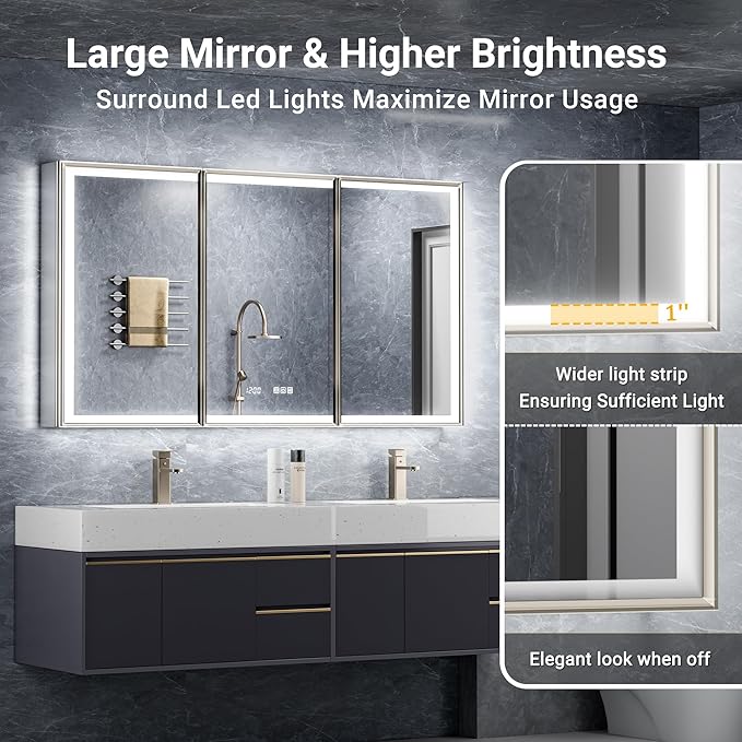 54x30 Lighted Medicine Cabinet with Mirror, Beveled Brushed Nickel Framed Surface or Recessed Fogless Dimmable LED Medicine Cabinet with Outlet, Time Display and Sensor Inner Light