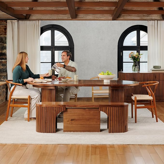 Transformer Table - Solid Wood Extendable Round Dining Table Set, Extendable Round Dining Set, Elegant and Functional Design, Perfect for Dining Room or Kitchen, Royal Brown (Table + Bench)