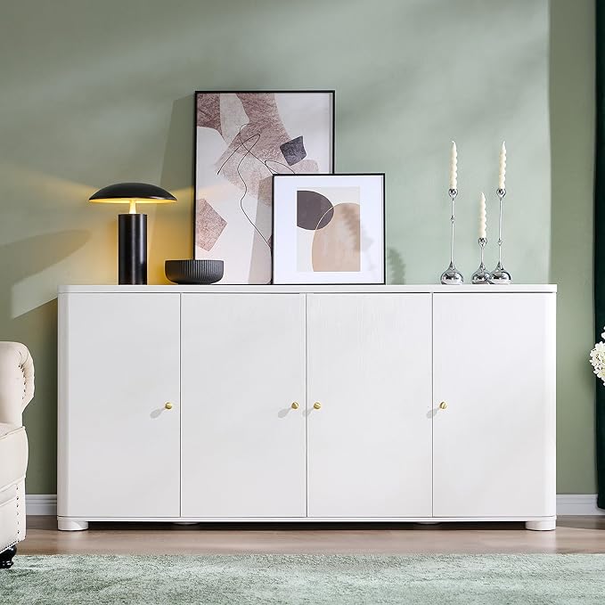 IFGET Curved Buffet Cabinet with Doors, 66" Large Sideboard Buffet Storage Cabinet with 4 Doors and Shleves, Modern Coffee Bar Station Wood Kitchen Table for Kitchen, Dining Room, White