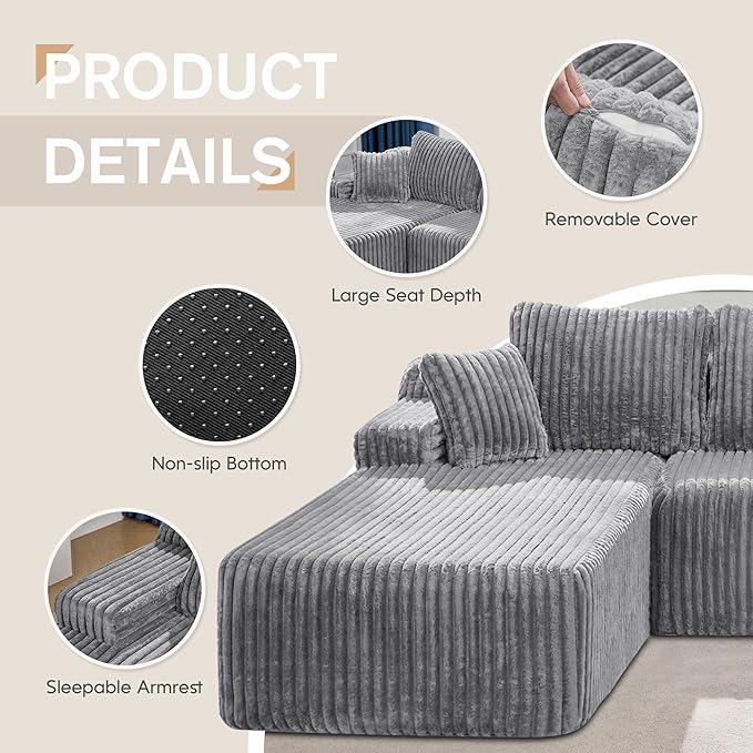 Hobestluk Modular Sectional Sofa Boneless Couch L-Shape Couch 3 Seat Modular Couch Memory Foam Sectional Couches for Living Room Furniture, Cloud Couch with Oversized Chaise (108" Left Facing Chaise)