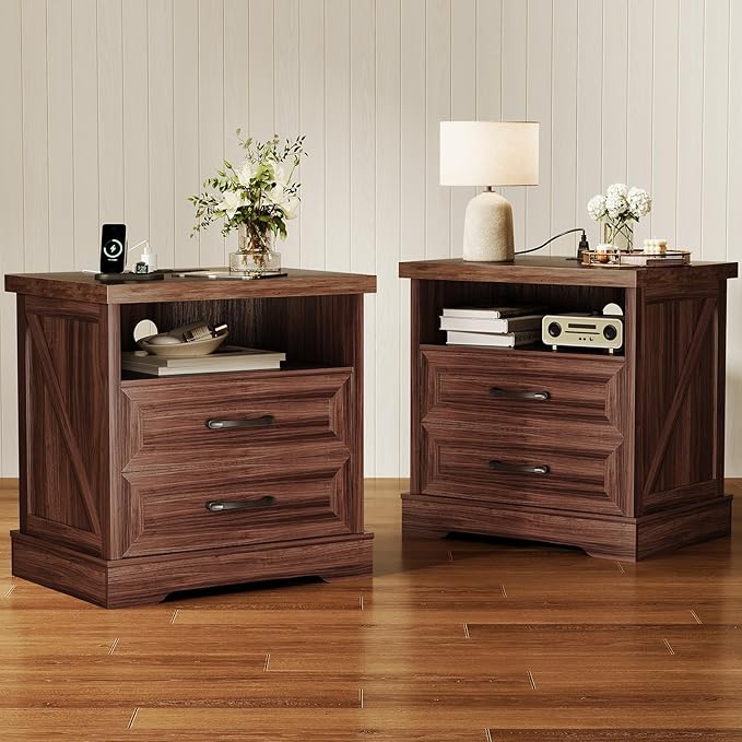 AODK 24 Inch Farmhouse Nightstand Set of 2, Bedside Tables with Charging Station, Wood End Tables with 2 Drawers and Open Shelf, Rustic Bed Side Table for Bedroom & Living Room, Dark Walnut
