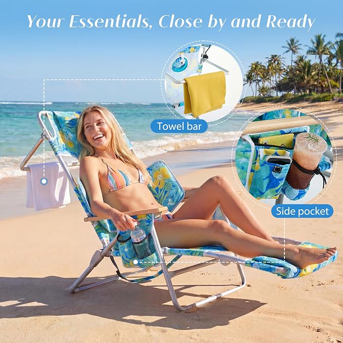 5-Positon Backpack Beach Chair, Portable Folding Tanning Chair, Double Shoulder Straps Beach Lounge Chair with Footrest, Face Hole, Towel Bar for Camping (Yellow Green, 60.6")