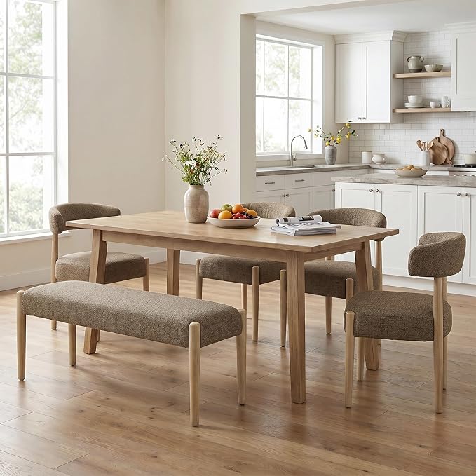 VKNOW Upholstered Dining Room Set for 6, Mid-Century Modern Dining Chairs Set of 4 and Dining Bench with Rubberwood Legs, for Dining Room, Living Room, Kitchen, Dark Brown