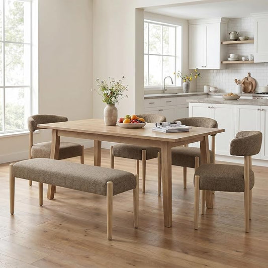 VKNOW Upholstered Dining Room Set for 6, Mid-Century Modern Dining Chairs Set of 4 and Dining Bench with Rubberwood Legs, for Dining Room, Living Room, Kitchen, Dark Brown