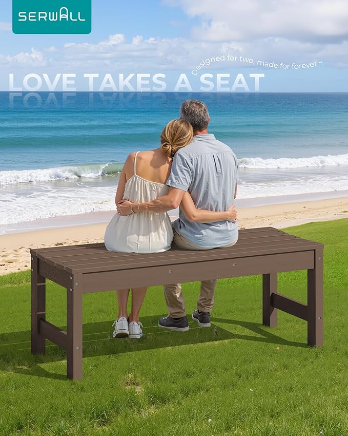 SERWALL 47 Inches Outdoor Bench, All Weather HDPE Backless Bench with Wood Grain Texture for Garden Porch and Park, Curved Bench Seat for Comfort, Coffee
