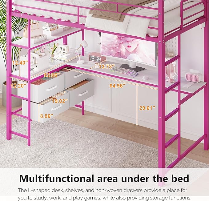 VINGLI Full Metal Loft Bed Frame with L-Shaped Desk, 15 Inches Guardrail, Non-Slip Ladder, 2 Charging Stations, 4 Drawers/Storage Shelves/LED Lights, for Kids Teens Adults, No Box Spring Needed, Pink