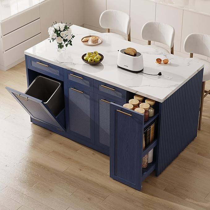 LIKIMIO 59" Kitchen Island with Power Outlet & Hidden Trash can Storage, Faux Marble Island Table with Seating Area, 3-Tier Spice Rack, 3 Drawers, 2-Tier Cabinet, Rolling Kitchen Cart on Wheels, Blue