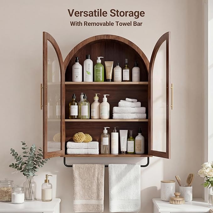 Seang Bathroom Arched Wall Cabinet,23.6" Modern Medicine Cabinet with Towel Bar and Adjustable Shelf,Over The Toilet Wall Storage Cabinet for Laundry Room,Living Room,Kitchen,Walnut