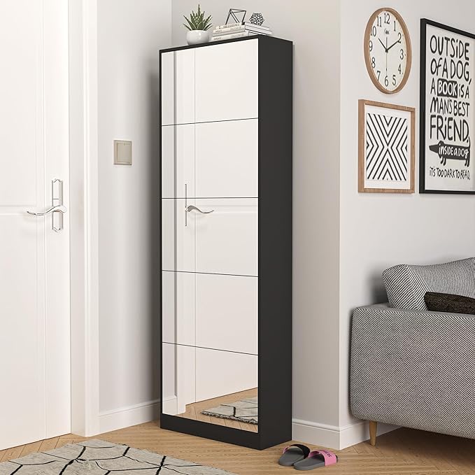 Shoe Storage Cabinet with Full Length Mirror, 30 Pairs & 5 Flip Drawer, Free Standing Shoe Rack Cabinet, Narrow Shoes Organizer for Front Door, Entryway (2-Shelf of Drawers, Black)