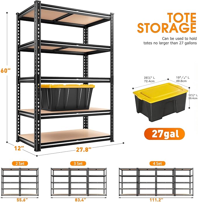 REIBII 2000LBS Storage Shelves Heavy Duty,5-Tier Metal Shelving Unit for Pantry Garage Laundry Room,Adjustable Utility Storage Rack with Steel Frame & Thick MDF Boards,27.8" W x 12" D x 60" H, Black
