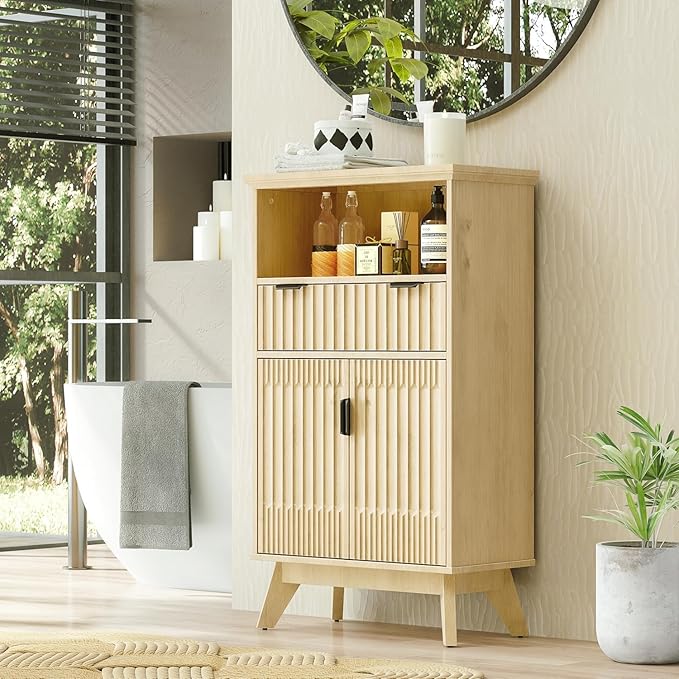 Fatmok Buffet Cabinet with Storage Set of 3, 40" Modern Fluted Coffee Bar Cabinet with Drawer & Open Shelf, Wood Buffet Sideboard Console Table for Entryway, Kitchen, Living Room (Natural Wood)