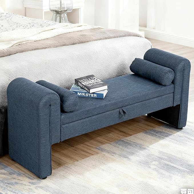 Velvet Upholstered Storage Bench for Bedroom End of Bed with Rolled Armed Button Tufted Sofa Stool, Ottoman Couch Long Bench with Solid Wood Legs (Blue-Gray)