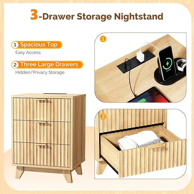 VINGLI Fluted Nightstand with Charging Station, 3 Drawer Nightstand Oak Modern Night Stand for Bedroom, Fluted Bedside Table/End Table/Side Table, 17.72" W*13.78" D*23.62" H, 1 pc