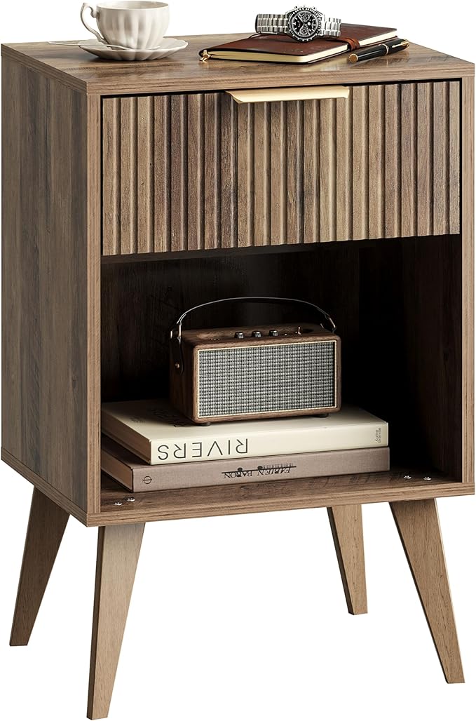 YAUKOMEL Fluted Night Stand with Opening Storage,Mid Century Bedside Table with Drawer,Wood Nightstand with Legs,End Table Side Table for Living Room,Bedroom,Caramel Oak 11.8"Dx15.7Wx 25.2"H CTG56BR