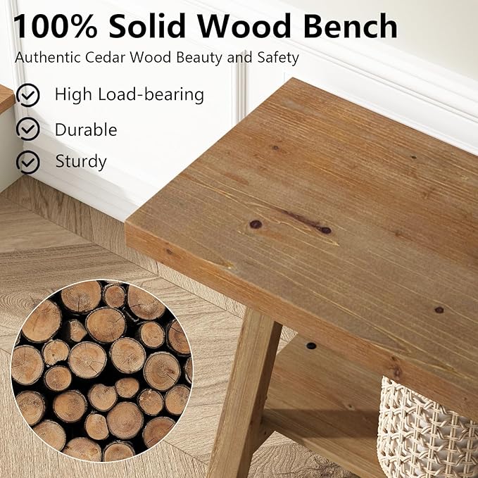 RowyPoey 54" Solid Wood Bench, Long Farmhouse Entryway Bench with Storage Shelf, Triangular Leg Design, Narrow Rustic Benches for Hallway, Bedroom, Dining, Kitchen, Easy Assembly