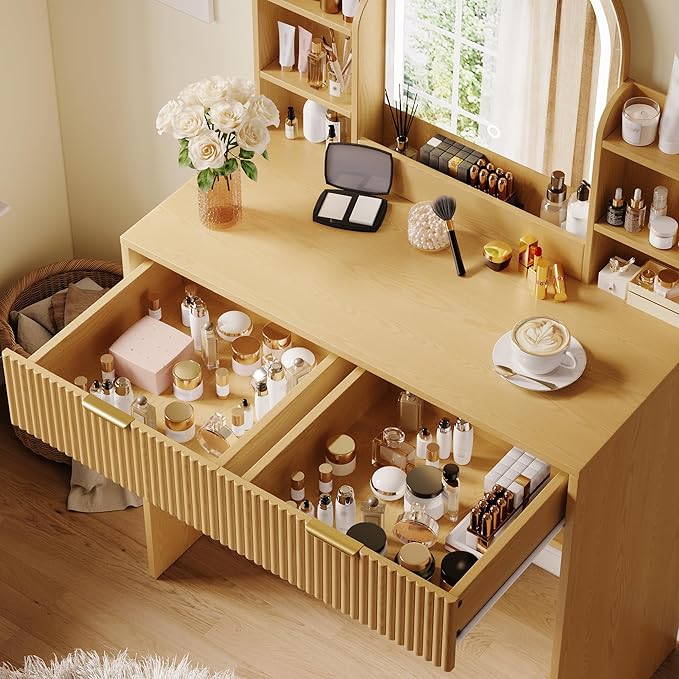 TOKSOM Makeup Vanity Desk with Mirror and Lights, Vanity Table with 2 Drawers & Open Storage Shelves, Fluted Vanity Bedroom Makeup Dressing Table Set for Women Girls Natural