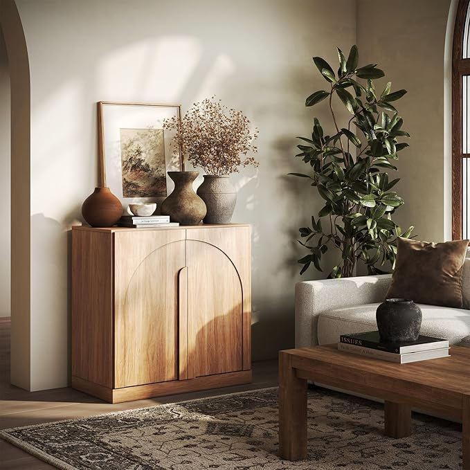 BELLEZE Bijou 31.5" Sideboard Buffet Cabinet, Modern Cabinet with Arched Wood Door - Private Storage Hidden Organizer, Console Table for Livingroom, Entryway & Home Office, 70lbs Capacity, Camel