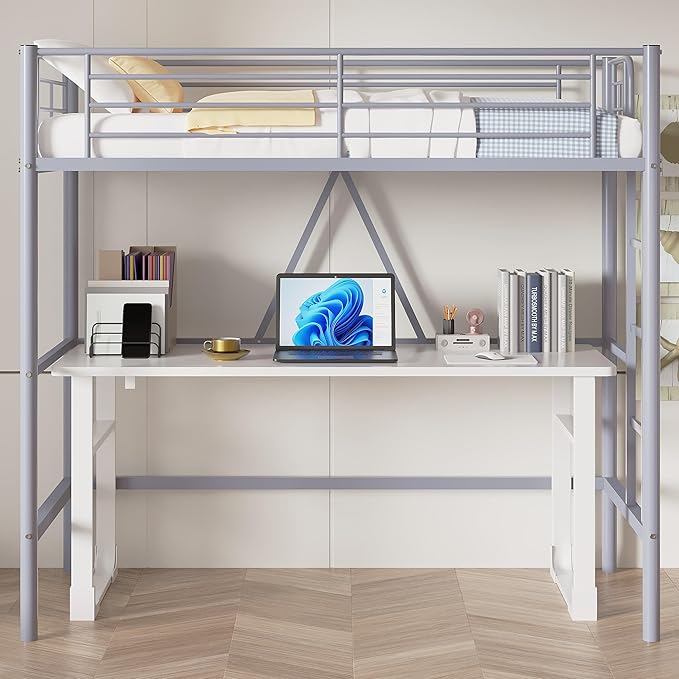 VECELO Loft Bed Twin Size, Metal Bedframe with Removable Ladder and Safety Guardrail, No Box Spring Needed, Space Saving, Noise Free, Light Grey