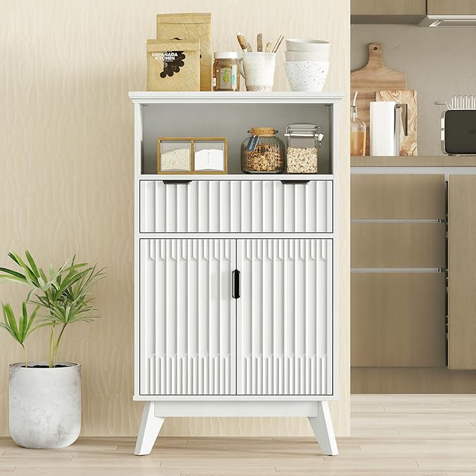 FLOWBACK Fluted Cabinet, 40'' High Coffee Bar Cabinet with Drawer & Door, Bathroom Storage with Open Shelf, Wood Kitchen Pantry Sideboard Buffet Table with Shelves for Kitchen, Dining Room, Entryway