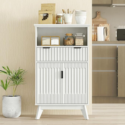 FLOWBACK Fluted Cabinet, 40'' High Coffee Bar Cabinet with Drawer & Door, Bathroom Storage with Open Shelf, Wood Kitchen Pantry Sideboard Buffet Table with Shelves for Kitchen, Dining Room, Entryway