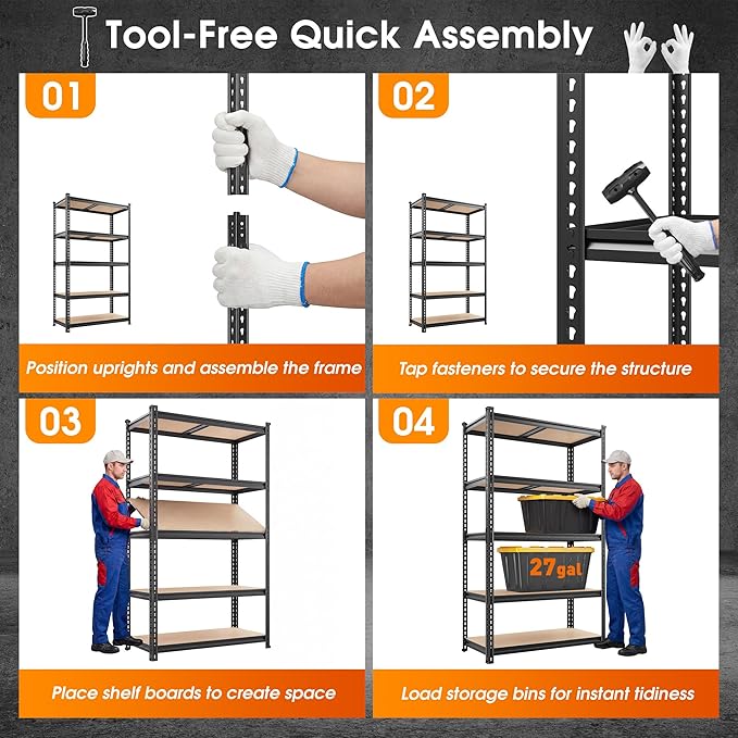 REIBII 2400LBS Garage Shelving Heavy Duty,5 Tier Storage Shelves Adjustable Metal Shelving Unit,Garage Shelves for Basement,Warehouse,Commercial,Pantry,Closet,Kitchen 72x36x16,Black