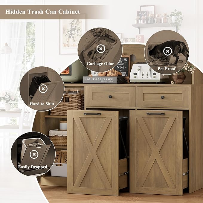 HOSTACK 71" H Kitchen Trash Can Hutch Cabinet, 12.5 Gallon Double Pull Out Garbage Can Hutch Cabinet with Trash Bin Storage Holders, 47" Wide Kitchen Pantry with Hidden Garbage Storage, Rustic Brown