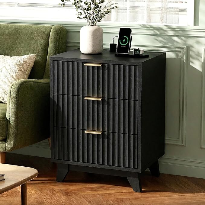 VINGLI Black Fluted Nightstands Set of 2 with Charging Station,3 Drawer Black Wood Nightstand for Bedroom, Modern Night Stand with Drawers, Fluted Bedside Table/End Table/Side Table, 2 pcs