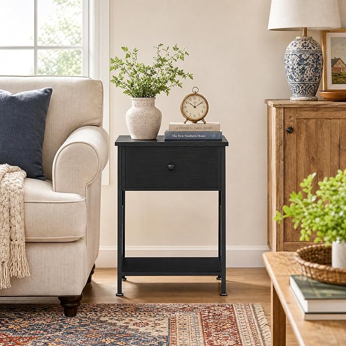 VECELO Nightstands, Modern End Side Tables,Night Stand with Drawer &Storage Shelf for Bedroom Living Room Office Lounge, 2, Black