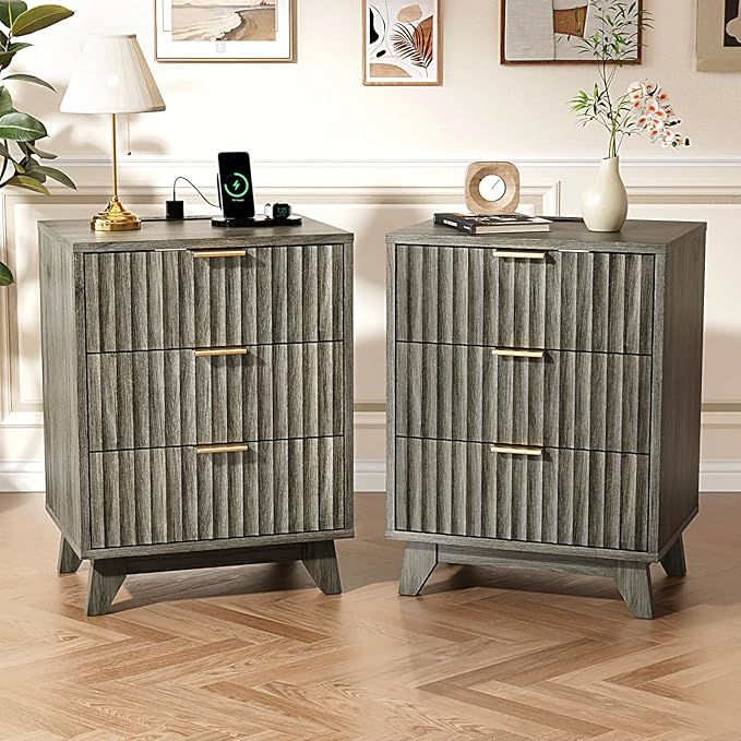 VINGLI Gray Nightstands Set of 2 with Charging Station, Fluted Nightstand 3 Drawers Grey Night Stand for Bedroom, Fluted Grey Bedside Table/End Table/Side Table, 17.72" W*13.78" D*23.62" H, 2 pcs