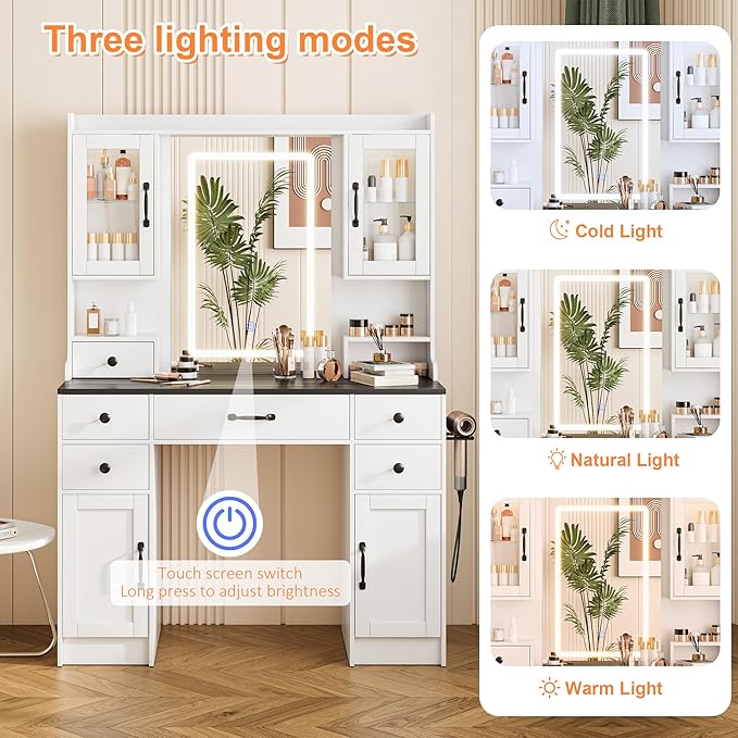 KAMABOKO Vanity Desk with LED Lights Mirror & Power Outlet, Makeup Vanity Table Set with 3 Lights Modes, Dressing Table for Women and Girls Bedroom (Modern Black, 5 Drawers with RGB Cabinet)