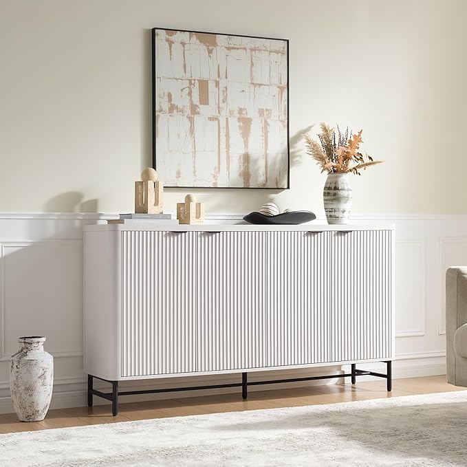 Fatmok 65" Large Sideboard Buffet Cabinet with Storage, Set of 2 Modern Fluted Credenza Accent Coffee Bar Console Tables with Doors & Adjustable Shelves for Living Room or Hallway, White