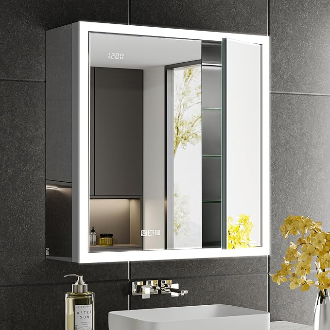 30x32 Lighted Medicine Cabinet with Mirror & Clock -Surface or Recessed Aluminum Medicine Cabinet with Dimmable Light & Outlet, Anti-Fog, Built-in Sensing Light, Assembly-Free
