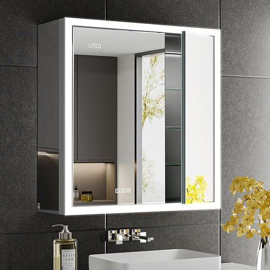 30x32 Lighted Medicine Cabinet with Mirror & Clock -Surface or Recessed Aluminum Medicine Cabinet with Dimmable Light & Outlet, Anti-Fog, Built-in Sensing Light, Assembly-Free