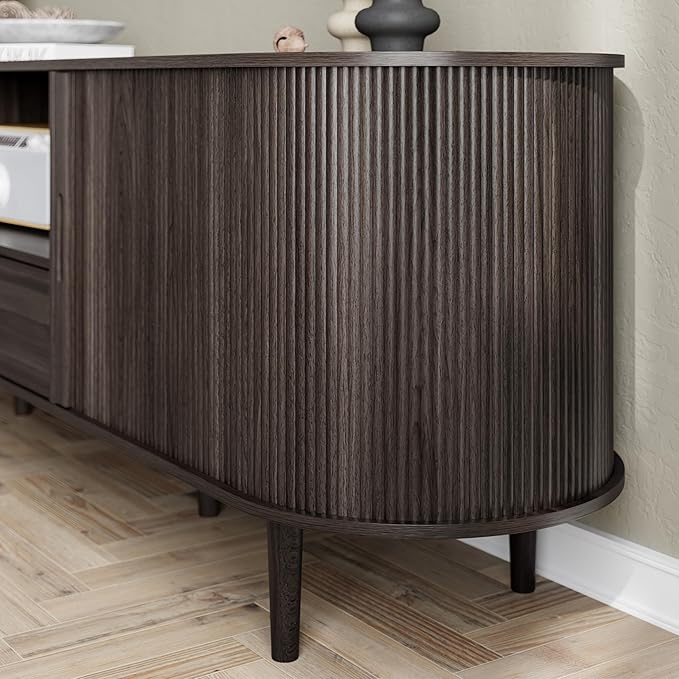 DHH 71" Fluted TV Stand with Power Outlet for TVs up to 80", TV Console with Adjustable Shelves and Sliding Door,Mid Century Modern Entertainment Center for Living Room,Bedroom (Dark Walnut, 71Inch)