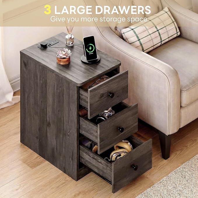 LIKIMIO Nightstand with Charging Station, Narrow Bedside Table with 3 Drawers, End Table with USB Ports and Outlets, Side Table for Living Room/Bedroom Modern, Charcoal Grey