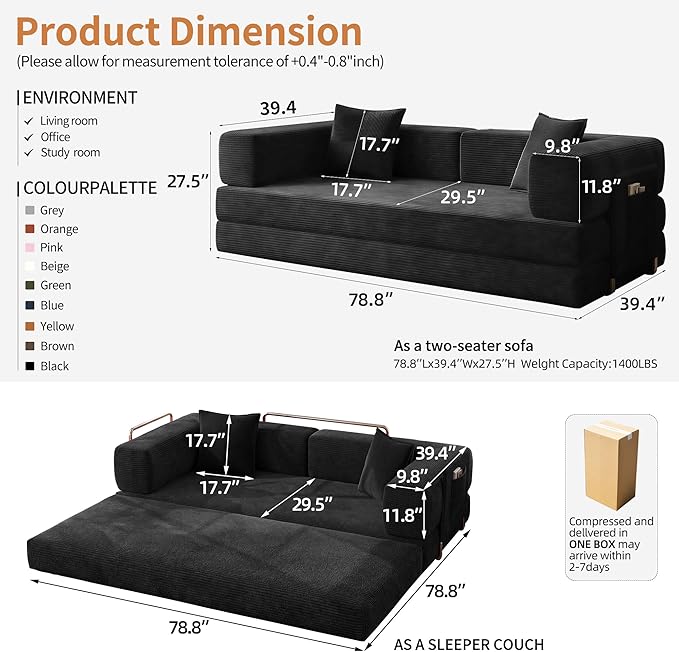 78.8" Convertible Sofa Bed with Armrest Pillow, 4-in-1 Sleeper Couch Bed for Livingroom, Modular Corduroy Boneless couches, No Assembly (Black)