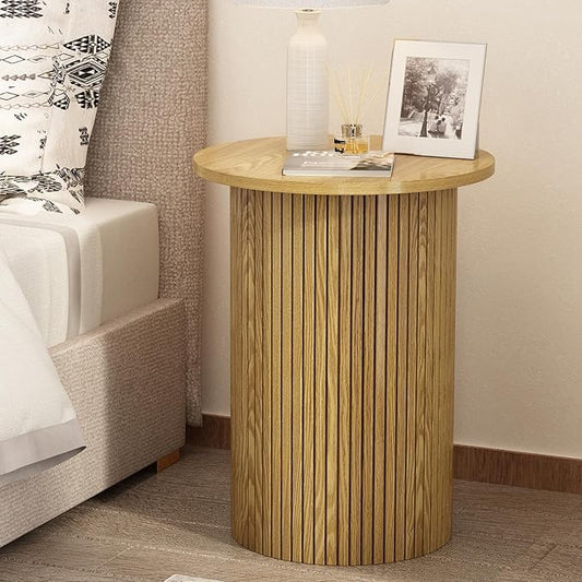 Wnutrees Round Fluted End Table, Small Accent Pedestal Side Table, Wood Fluted Nightstand Bedside Table for Living Room, Handcrafted Finish, Natural