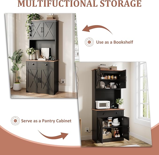 IDEALHOUSE 71" Pantry Cabinet with Charging Station, Tall Kitchen Pantry Storage Cabinet with Microwave Stand, Large Farmhouse Kitchen Hutch with Cabinet Doors & Drawer for Living Room, Dining Room