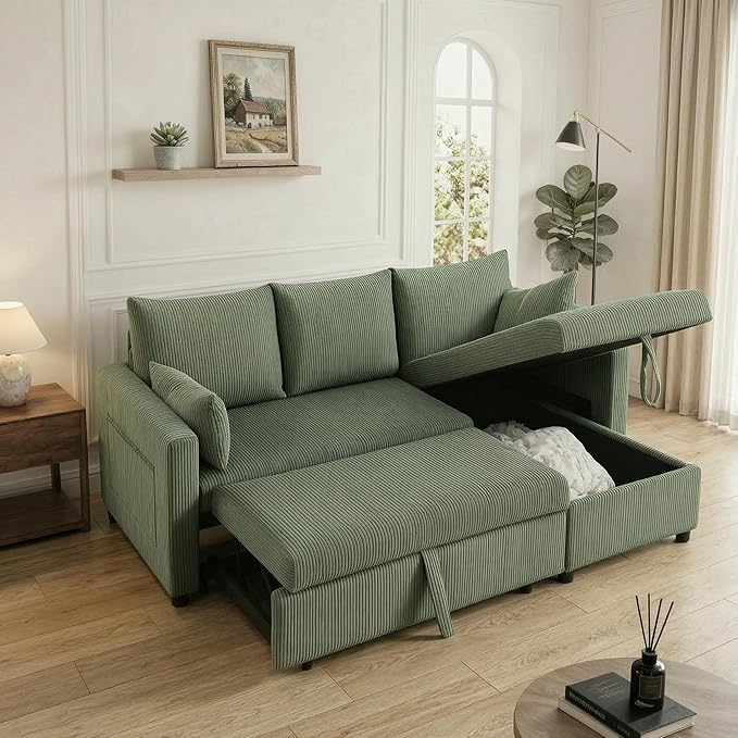 Sectional Sleeper Sofa with Pull Out Bed, L Shape Convertible Sofa Bed Couch with Storage Chaise, 3 in 1 Pull Out Sofa Bed with 3 Seats for Living Room,Apartment, Green, 85Inch
