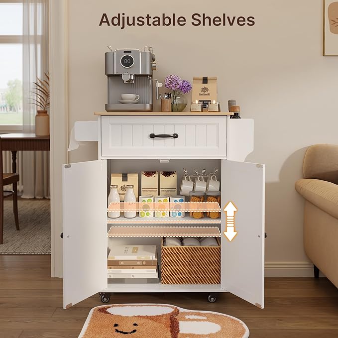 Gizoon Kitchen Island Cart with Adjustable Shelf, 33" W Mobile Trolley Cart on Metal Wheels with Drawer & Storage Cabinet, Spice Rack & Towel Rack, for Dining Room, Bar, White, Tabletop-Oak Color