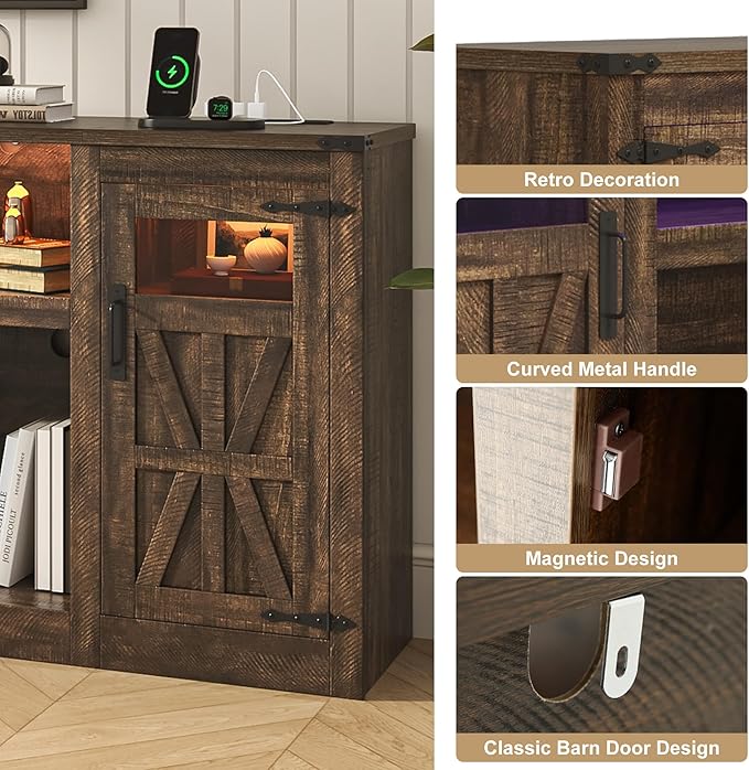 chartustriable Farmhouse TV Stand for 100 Inch TV,95" Entertainment Center w/LED Light,Large Media Console Cabinet w/Rustic Barn Doors,Power Outlets,Adjustable Shelves for Living Room,Brown