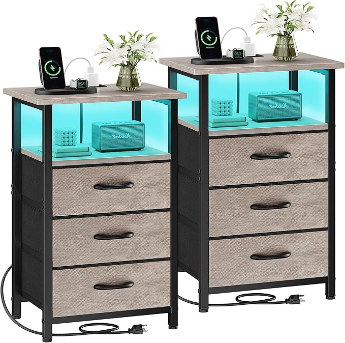 Vagusicc Night Stand Set 2 with Charging Station, LED Nightstand for Bedroom, Bedside Table with 3 Fabric Drawers, End Table Side Table with USB Ports & Outlets, Bed Side Table for Bedroom, Greige