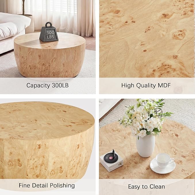 YYQ Upgraded 34.6" Round Coffee Table for Living Room, Burl Faux Marble Pattern Coffee Table, Reversible Drum Coffee Table, Tea Table Wooden Table for Home Office, No Assembly Required