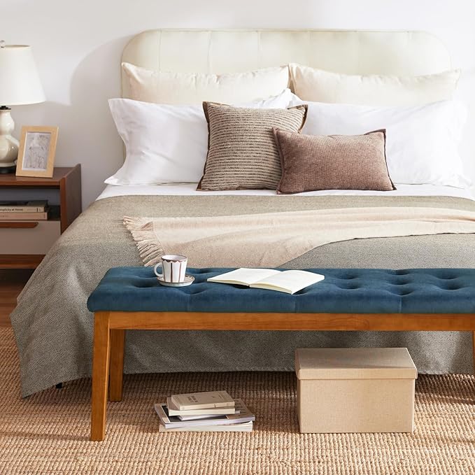 Ottoman Bench Upholstered Padded Seat with Solid Wood Legs and Button-Tufted, Big Oversized Ottoman, Velvet Navy