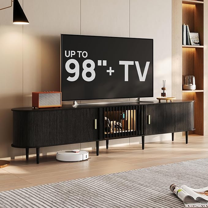 94.5" Fluted Mid Century Modern TV Stand for TVs Up to 80/85/86/90/98/100", Tambour Sliding Doors Entertainment Center with Storage&LED, Curved Media&TV Console Long TV Stands for Living Room, Black