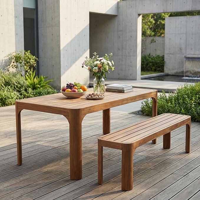 Christopher Knight Home Outdoor Dining Table Set with Bench, 70" Acacia Wood Patio Table and 57" Bench, Teak Finish Slatted Garden Furniture for Deck Backyard Seating