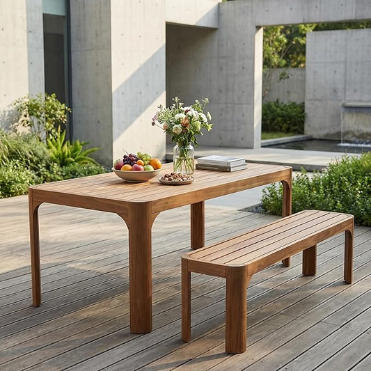 Christopher Knight Home Outdoor Dining Table Set with Bench, 70" Acacia Wood Patio Table and 57" Bench, Teak Finish Slatted Garden Furniture for Deck Backyard Seating