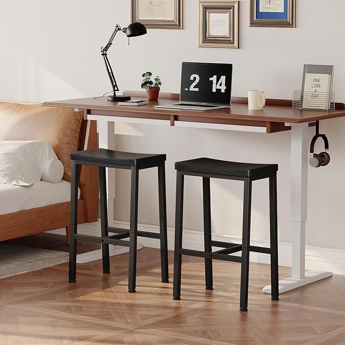 Homeiju Bar Stools, Counter Height Bar Stools Set of 2, 23.6 Inch Saddle Stools with Footrests, Industrial Kitchen Counter Seat for Dining Room, Kitchen, Counter, Black