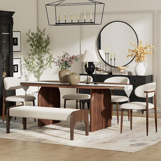 6-Piece Mid-Century Modern Dining Table Set, 63" Walnut Rectangular Table with 4 Dining Chairs & Bench, Dining & Kitchen Room Set for 6, Space-Saving Rustic Dining Set, Beige